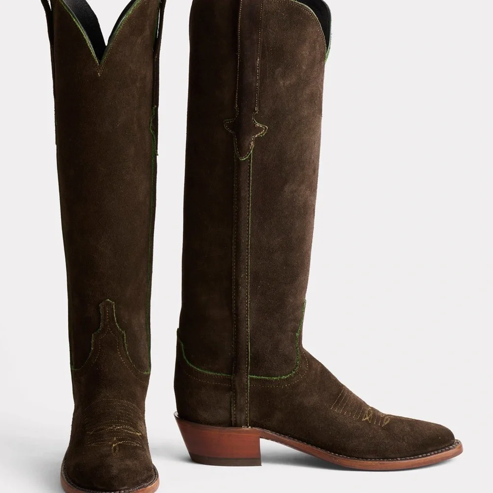 Lucchese Dark Brown Suede Edie boots with Green Stitching - Picture 1 of 11